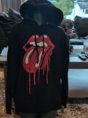 the Rolling Stones Black Zip-Up Hoodie with Dripping Red Tongue Logo